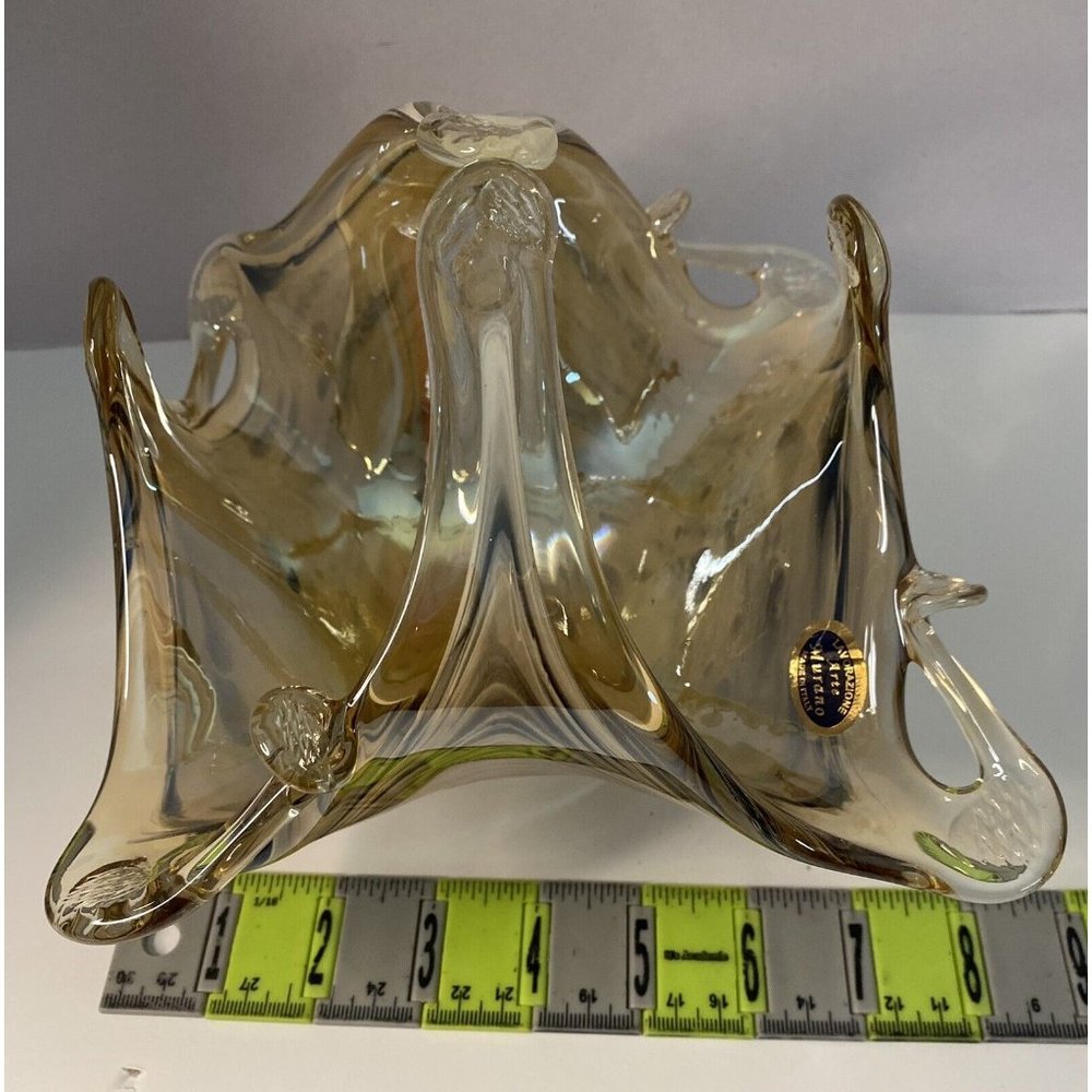 Lavorazione Arte Murano Art Glass Basket Candy Dish Iridescent Gold Black Swirl - Picture 11 of 12